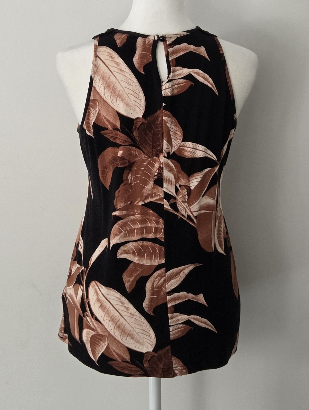 Sleeveless Black Tank Top with Brown Leaf Print and Crochet Yoke - Picture 3 of 4